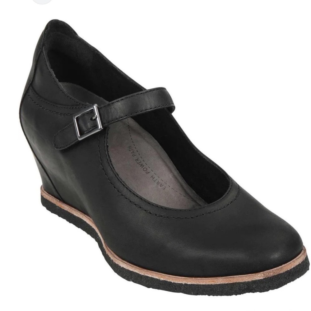 Earth Power Path Boden Black Leather Mary Jane Wedges Women's Size 8